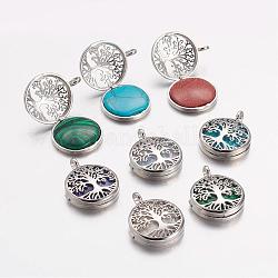 Natural & Synthetic Gemstone Pendants, with Brass Diffuser Locket Findings, Flat Round with Tree, 31x26x8mm, Hole: 4mm