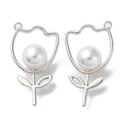 Eco-Friendly Alloy Pendants, with ABS Plastic Imitation Pearl Bead, Flower, Platinum, 35x19.5x2~10mm, Hole: 1.8mm