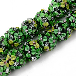 Hilos de abalorios de murano hechos a mano, desigual, redondo con flor, verde mar medio, 15~17.5x13~16mm, agujero: 0.9~1.2 mm, aproximamente 30 pcs / cadena, 16.54 pulgada (42 cm)