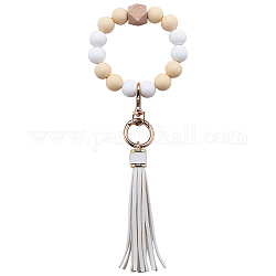 Bracelet porte-clés en perles rondes en silicone, porte-clés pompon, avec des fermoirs porte-clés en alliage, mocassin, diamètre intérieur: 62 mm