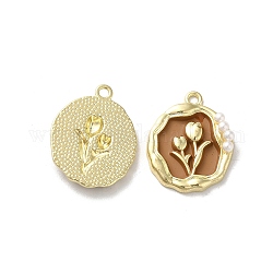Pandants in lega di smalto, con perla in plastica imitazione abs, piombo & cadimo libero, oro chiaro, ovale con fiore, marrone, 23.5x19x4.5mm, Foro: 1.8 mm