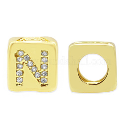 Perle europee in zircone chiaro con micro pavè di zirconi chiari, cubo con lettera, letter.n, 8.5x8.5x8.5mm, Foro: 5 mm, 3pcs/scatola