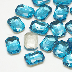 Pointed Back Glass Rhinestone Cabochons, Faceted, Rectangle Octagon, Aquamarine, 14x10x4mm