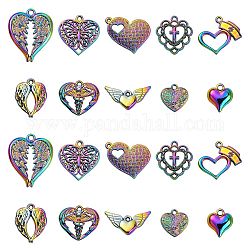 Ciondoli in lega placcati 20 pz 10 stili,  cadmio& piombo libero, a forma di cuore, colore arcobaleno, 30x24x2mm, Foro: 2 mm, 2pcs / style