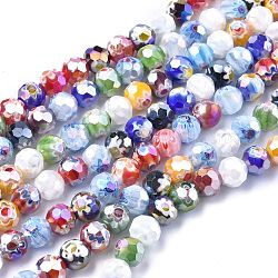 Facettes main ronde perles de verre de millefiori brins, de couleur plaquée ab , couleur mixte, 9.5~10mm, Trou: 1.5mm, Environ 38 pcs/chapelet, 14.1 pouce