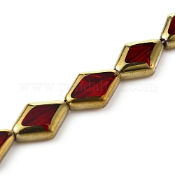 Oro placcato perline di vetro fili, rombo, rosso scuro, 15x10x4mm, Foro: 0.9 mm, circa 22pcs/filo, 12.20 pollice (31 cm)