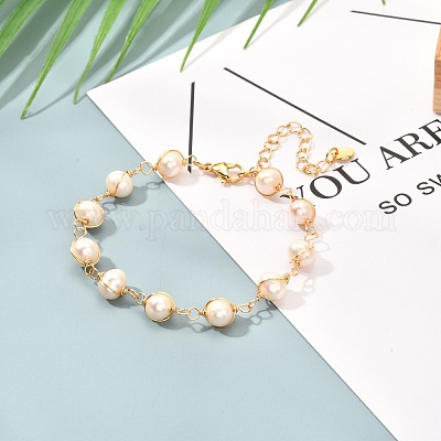 Natural Pearl Beaded Bracelet for Girl Women, Golden Brass Curb Chain Bracelet, Floral White, 7-3/8 inch(18.6cm) Pearl