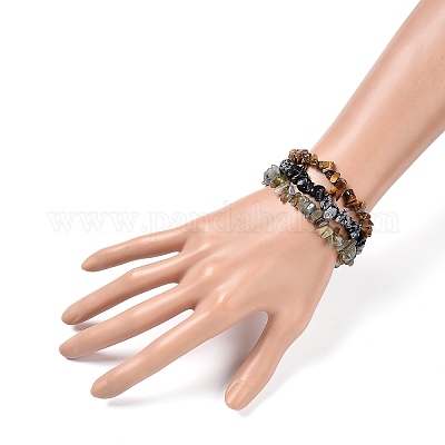 Chips naturelles labradorite et flocon de neige obsidienne et oeil de tigre ensembles de bracelets extensibles perlés&nbsp;BJEW-JB05332-05-1