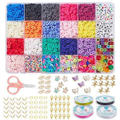 Polymer Clay Beads for Jewelry Making, 18 Colors 6mm Colored Flat Round  Clay Beads for DIY Bracelets Craft Kit with A-Z Letter Beads, Shell Beads,  Elastic Cords, Charms and Jump Rings 