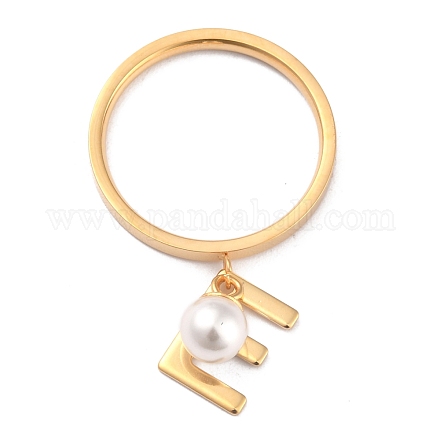 両用アイテム  304つのステンレス鋼の指輪またはペンダント  プラスチック丸ビーズ  ゴールドカラー  ホワイト  文字.e  usサイズ5~9（15.7~18.9mm） RJEW-O045-21-GE-1