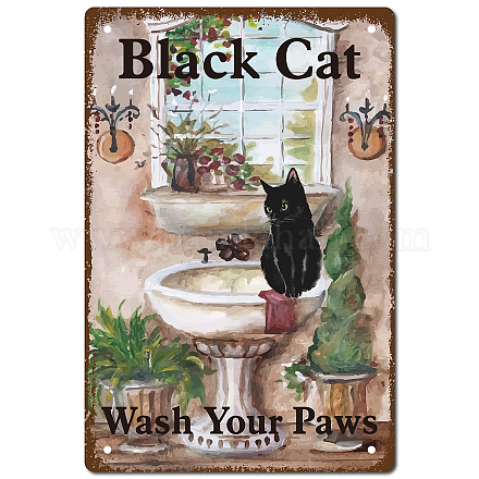 CREATCABIN Black Cat Wash Your Paw Tin Sign Funny Cat Lover Gift Retro Poster Art Mural Hanging Iron Painting Vintage Metal Sign for Home Kitchen Bathroom Wall Art Decor 8 x 12inch AJEW-WH0157-474-1