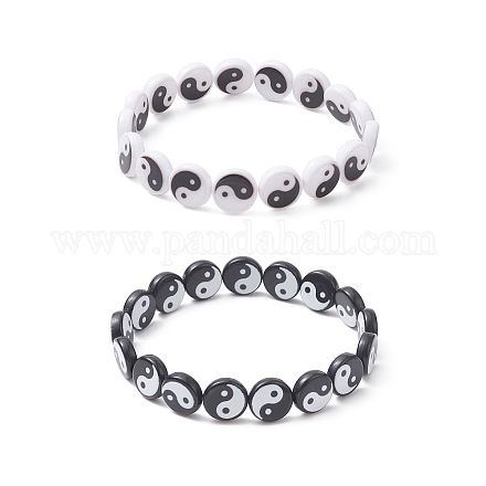 2 pièces ensemble de bracelets extensibles yin yang acrylique 2 couleurs BJEW-JB09405-1
