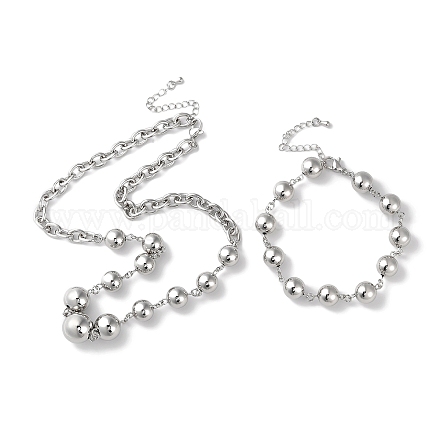Ожерелья из латуни с градуированным бисером и браслеты-цепочки с круглыми шариковыми звеньями SJEW-H066-01P-1