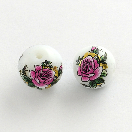 Flower Picture Brushwork Glass Round Beads GFB-R004-14mm-I10-1