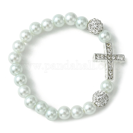 Glass Pearl & Alloy Rhinestone Cross Beaded Stretch Bracelet BJEW-JB09802-1
