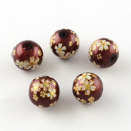 Rose Flower Pattern Printed Round Glass Beads GFB-R005-12mm-D06-1