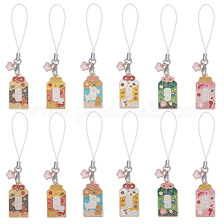 12Pcs 6 Style Japanese Style Enamel Omamori Blessing Decoration Phone Charms Strap HJEW-PH01770-1