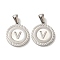 304 Stainless Steel Pendants, Flat Round Shell Charms with Letter, Stainless Steel Color, Letter V, 20.5x17.5x1.5mm, Hole: 2.5x4.5mm