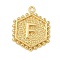 Brass Pendants, Hexagon Letter Charms, Letter F, 20x16x2.5mm, Hole: 1.5mm