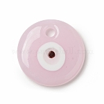 Handmade Evil Eye Lampwork Pendants, Flat Round Charms, Pearl Pink, 30x5.5mm, Hole: 4mm