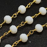 Chaîne facettée perles de verre à la main rondelle à la main, non soudée, avec bobine, avec les accessoires en laiton plaqués or, blanc, 6x4mm, environ 32.8 pied (10 m)/rouleau