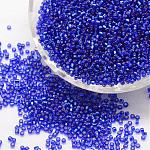 6/0 perles de rocaille rondes en verre, argent bordée trou carré, couleurs transparentes, bleu, 3.6~4.0mm, Trou: 1.2mm, environ 5000 pcs / livre
