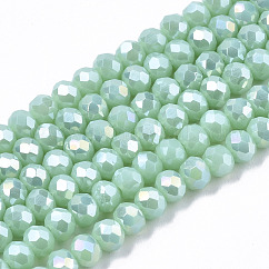 Galvanisieren Glasperlen, opake Volltonfarbe, ab Farbe plattiert, facettiert, Rondell, dunkeltürkis, 4x3 mm, Bohrung: 0.8~1 mm, ca. 105~110 Stk. / Strang, 38~39 cm