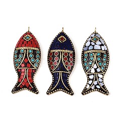 Handgefertigte Indonesien große Anhänger, Fisch Charme, mit Harz, unbeschichtetem Messing und Muschel, Mischfarbe, 64~65x25x9~10 mm, Bohrung: 3 mm