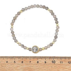 Bracelet extensible religieux en perles de labradorite naturelle avec perles plates rondes en laiton et perles en forme de croix&nbsp;BJEW-JB14360-01