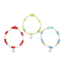3 bracelet extensible en perles de jade malaisien naturel rond teinté de 3 couleurs avec perles en plastique ABS&nbsp;BJEW-JB11643