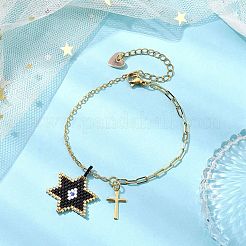 Bracelets à breloques étoile en graine de verre et croix en laiton&nbsp;BJEW-MZ00044