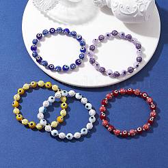 Rund mit Kreuz Acryl & handgemachte böser Blick Bunte Malerei Perlen Stretch-Armbänder für Frauen&nbsp;BJEW-JB10186