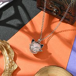 Natürlicher Rosenquarz mit Katzenkopf-Anhänger aus Messing&nbsp;NJEW-JN04995