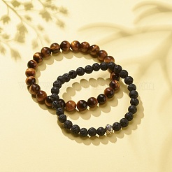 Ensemble de bracelets extensibles en pierre de lave et œil de tigre naturel 2pcs 2 styles&nbsp;BJEW-JB08193-04