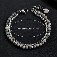 Braccialetti a un filo con perline rotonde in pietra naturale e catena a maglia quadrata in acciaio inossidabile 201 per uomo e donna&nbsp;EI8345-5