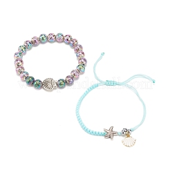 2 pz 2 bracciali elastici in pietra lavica naturale e ematite sintetica con guscio in lega&nbsp;BJEW-JB08028