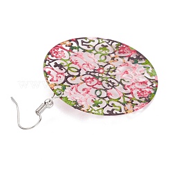 Spritzlackierter Edelstahl flach rund mit Blume Ohrhänger&nbsp;EJEW-I256-13P