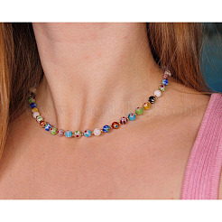 Colliers de perles rondes en lampwork faits à la main avec des fleurs contre le mauvais œil&nbsp;FS-WG5DF68-01