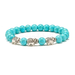 Set aus elastischen Armbändern mit runden Perlen aus synthetischem Türkis und natürlichem Lavagestein&nbsp;BJEW-JB07465