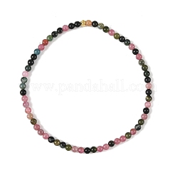 Bracelets extensibles en perles rondes de tourmaline multicolore naturelle de 3 mm avec perles en laiton doré&nbsp;BJEW-JB14407-01