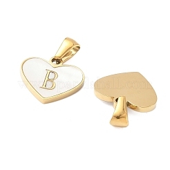 Pendentifs en forme de cœur en coquillage blanc naturel pavé en acier inoxydable 304 avec tranche initiale&nbsp;STAS-R168-25G-B