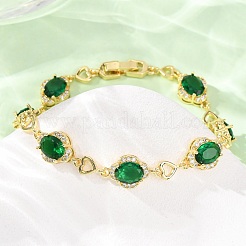 Bracelets à maillons en laiton sertis de micro-pavés de zircone cubique en forme de cœur et d'ovale pour femmes&nbsp;BJEW-A163-03G-04