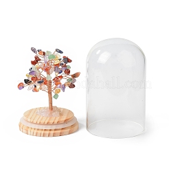 Geldbaum aus natürlichen Edelsteinsplittern in gewölbten Glasglocken mit Holzsockel als Dekoration&nbsp;DJEW-B007-04E