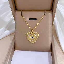 Ensemble collier et boucles d'oreilles créoles en acier inoxydable 304 avec pendentif en forme de cœur et œil micro pavé de zircones cubiques&nbsp;FS-WGB58AC-03