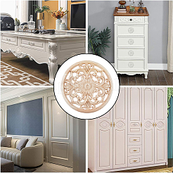 Applique plate et ronde en bois sculpté avec fleur&nbsp;WOOD-WH0131-15