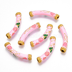 Paquete de cuentas de esmalte de aleación de revestimiento, color dorado mate, tubo curvado con la flor, rosa perla, 9.5x37x7mm, agujero: 3 mm