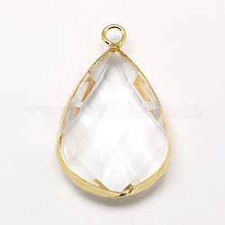 Golden Tone Brass Glass Teardrop Pendants, Faceted, Clear, 18x10x5mm, Hole: 2mm