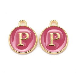 Golden Plated Alloy Enamel Charms, Cadmium Free & Lead Free, Enamelled Sequins, Flat Round with Letter, Camellia, Letter.P, 14x12x2mm, Hole: 1.5mm