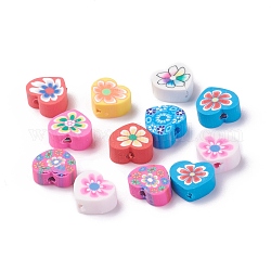Perles en pâte polymère manuel, coeur avec motif de fleurs, couleur mixte, 7.5~10x8~10.5x4~5mm, Trou: 1.5mm