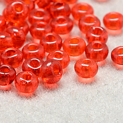 8/0 grado a cuentas redondas de semillas de vidrio, colores transparentes, rojo naranja, 8/0, 3x2mm, agujero: 1 mm, aproximamente 10000 unidades / bolsa